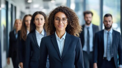 A diverse group of business professionals standing in a modern office corridor. The individuals are dressed in formal attire, including suits and ties.