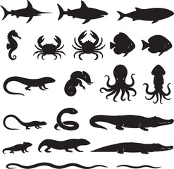 A vector silhouette set of funny black sea animals