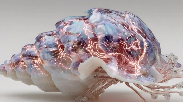 Futuristic Sea Shells with Electronic Circuitry and Luminous Energy, a unique Design