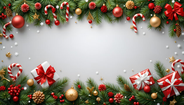 Christmas festive border with gifts and decorations