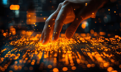 Hand interacting with glowing orange digital data visualization interface representing data technology network and futuristic innovation concept with blurred background lights