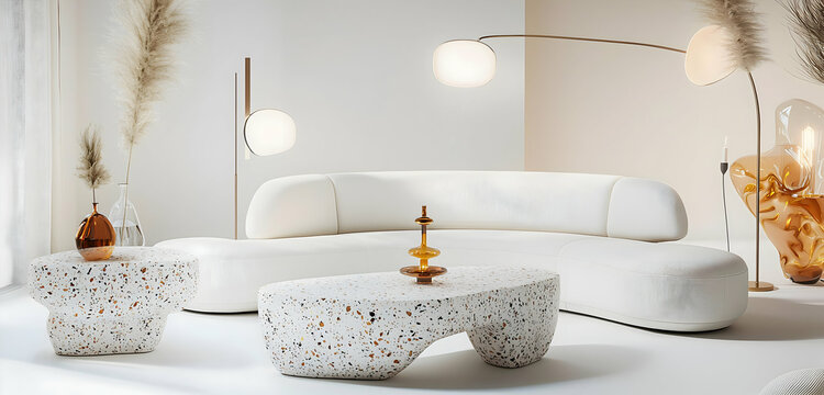 Minimalist elegance shines through in this neutral-toned space with a curved white sofa sculptural light and modern accent pieces

