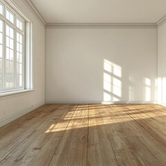 Obraz premium Sunlit empty room with hardwood floors and large window (23)