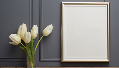 White tulip flowers in vase with blank vertical frame mockup