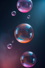Delicate, translucent pink and orange soap bubbles of varying sizes appear to defy gravity, suspended in mid-air against a rich, dark background