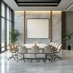 Modern meeting room with large table, chairs, marble wall, and blank frame