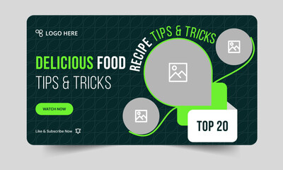 Food recipe daily tips and tricks video cover banner design, delicious food recipe tips and tricks video cover banner design, editable vector eps 10 file format	