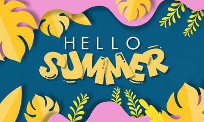 Naklejka premium A bold, cheerful summer-themed design featuring vibrant yellow tropical leaves, layered paper cutout style, and playful 