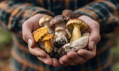 A person wearing plaid holding several wild mushrooms in their hands, Generative AI
