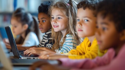 Children sitting at a table with laptops, engaged in a computer science lesson.
