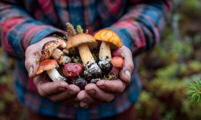 A person wearing plaid holding several wild mushrooms in their hands, Generative AI