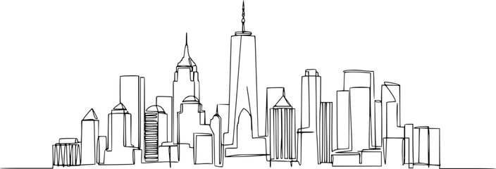 Modern cityscape continuous one line vector drawing. Metropolis architecture panoramic landscape. New York skyscrapers hand drawn silhouette. Apartment buildings isolated minimalistic illustration