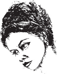 Obraz premium A striking black and white vector illustration capturing an expressive female face with an intense, downward gaze, characterized by dynamic ink strokes and textured hair.