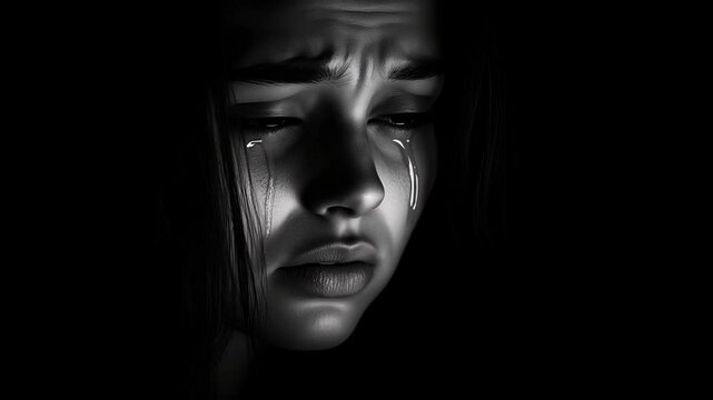 A young woman displays deep emotion with tears streaming down her face in a dark setting, illustrating vulnerability and strength
