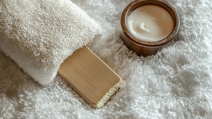 A foot file resting on a fluffy white towel next to lotion