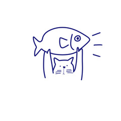 Cute Cat Holding Big Fish Minimal Line Art Logo for Pet Brand, Seafood, or Cat Lover Design

