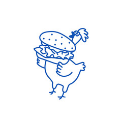 Funny Chicken Holding Burger Line Art Vector Logo for Fast Food Brand