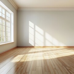 Obraz premium Sunlight streams into an empty room with hardwood floors and a large window, creating a bright and airy atmosphere