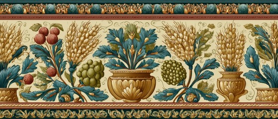 Seamless renaissance border with wheat and fruit