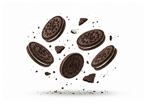 Floating oreo cookies with crumbs on a white background in a dynamic composition, studio shot