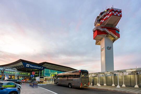 Fiumicino International Airport Terminal 3 and tower in Rome, Italy