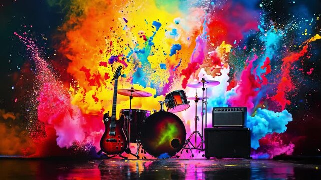 A vibrant display of musical energy features a guitar and drums surrounded by a colorful splash of paint during a live performance at night