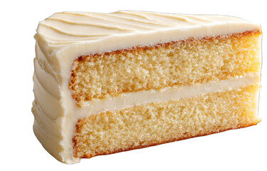A slice of vanilla cake, frosted with a creamy white icing