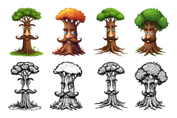 A collection of cartoon trees with faces and mustaches, cartoonish trees sketches detailed facial features flat design colored and outlined.