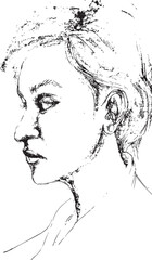 black and white ink vector profile portrait of a woman with short hair, rendered with expressive artistic strokes.