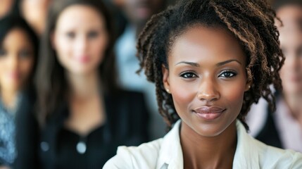 A diverse group of people in a conference setting, with a focus on a young African American woman in the foreground.