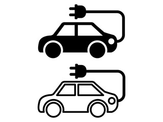 Electric Vehicle Charging Icons Black and White Illustrations of EVs Plugged In, Ideal for Websites, Apps, and Presentations on Sustainable Transportation, Green Energy, and Eco-Friendly Vehicles