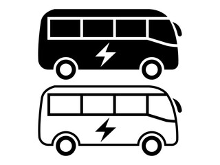 Electric Bus Icon Set Black and White Vector Illustrations for Sustainable Transportation Designs, Websites, and Applications. Perfect for eco-friendly projects, showcasing clean energy solutions