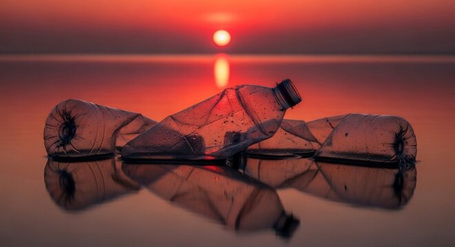 Ocean sunset tainted by plastic bottles
