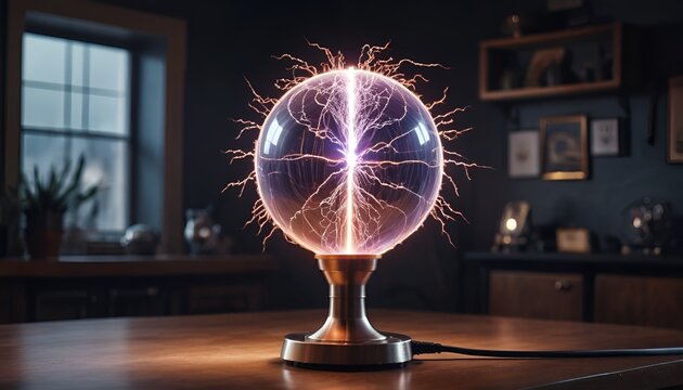 A vibrant plasma ball sits atop a polished wooden table, emitting electric purple lightning bolts.