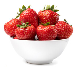 Healthy food and ingredients - Ceramic bowl with natural organic ripe strawberries isolated on white background with built-in clipping path
