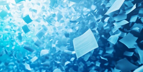 Numerous documents flying in a vortex pattern with motion blur effect, light blue background, symbolizing business data overload or digital transformation.