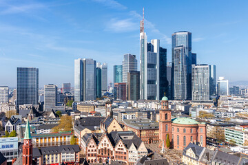 Frankfurt skyline skyscrapers in city center with the Römer and Main river from above in Frankfurt, Germany