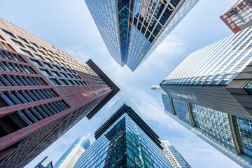 Frankfurt skyline skyscrapers with banks modern work office buildings in Frankfurt, Germany