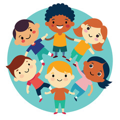 Colorful Vector Illustration of Diverse Children Holding Hands in a Circle