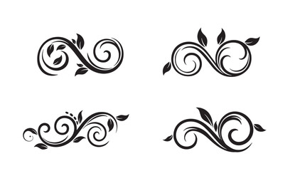 Elegant black and white floral swirls and silhouette leaf designs for decorative elements