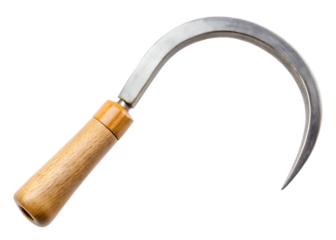 A close-up shot of a curved sickle with a wooden handle, isolated on a transparent background