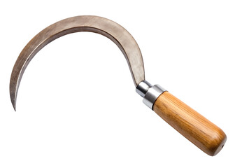 A close-up shot of a curved sickle with a wooden handle, isolated on a transparent background