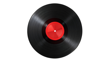 a red sticker on a vinyl record in the center isolated on a transparent background