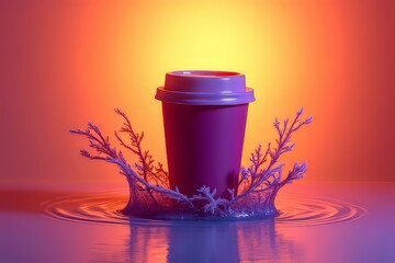 Vibrant Purple Coffee Cup in a Splash of Water with Floral Accents