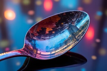 Cityscape Reflection in a Spoon at Night