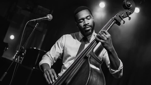 Black and white vintage footage with portrait of jazzman performing double bass solo, studio stage lighting in clouds of smoke, camera tilting around axis, jam session in jazz club