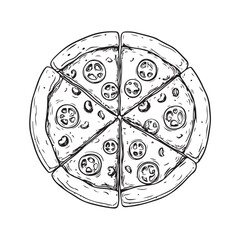 Vector illustration of a delicious cheese and sausage pizza with melted cheese, sliced sausages, and crispy crust isolated on white background