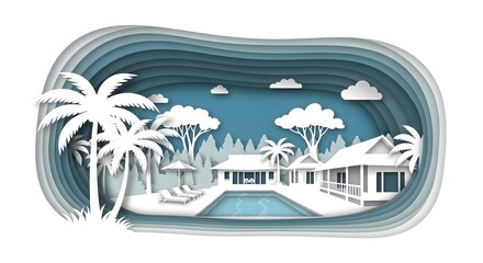 Obraz premium Tropical Villa with Pool Paper Cut Illustration