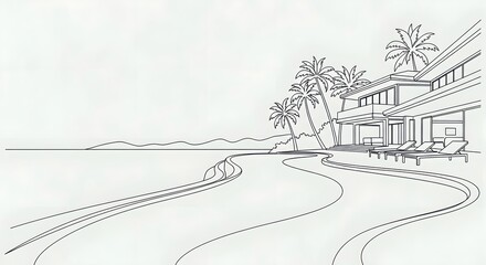 Beach House Line Art Palm Trees Ocean View