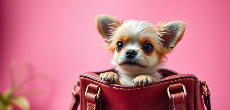 Tiny dog peeking from a stylish purse, pink backdrop, charming, precious
